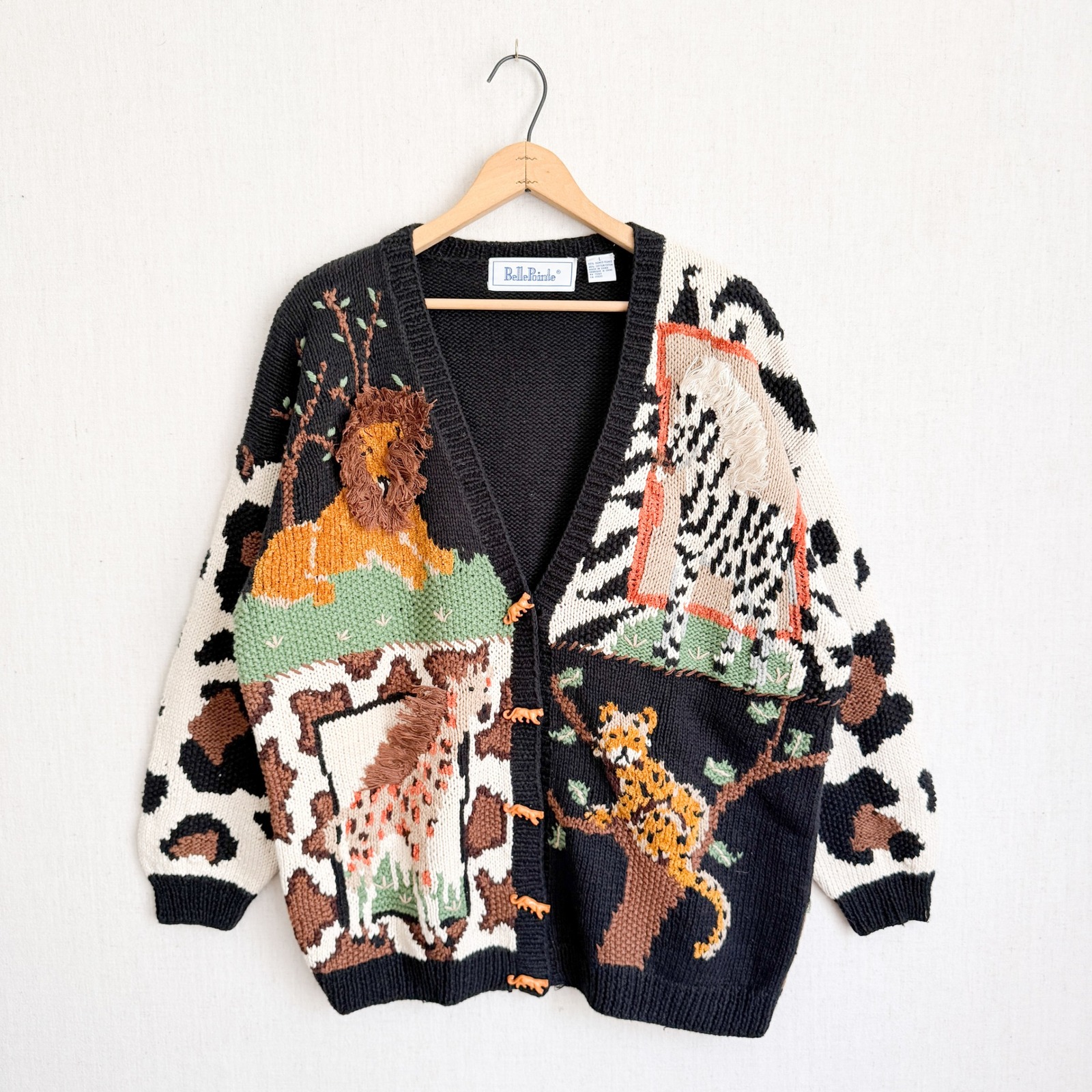 Bellepointe Cardigan Safari Animal Novelty 3d Knit Large Black Intarsia Vintage